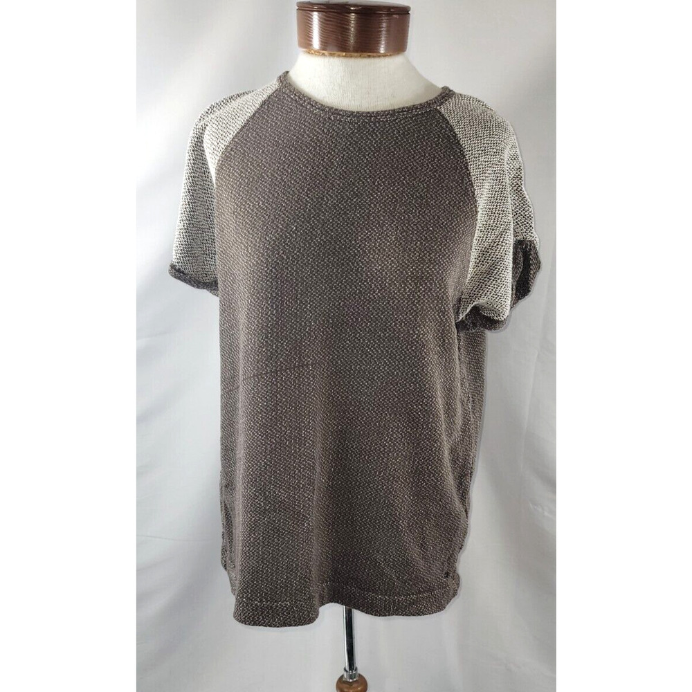 Vtg Woolrich Womens Large Brown White Color Block Slit Sleeve Short Sleeve Top
